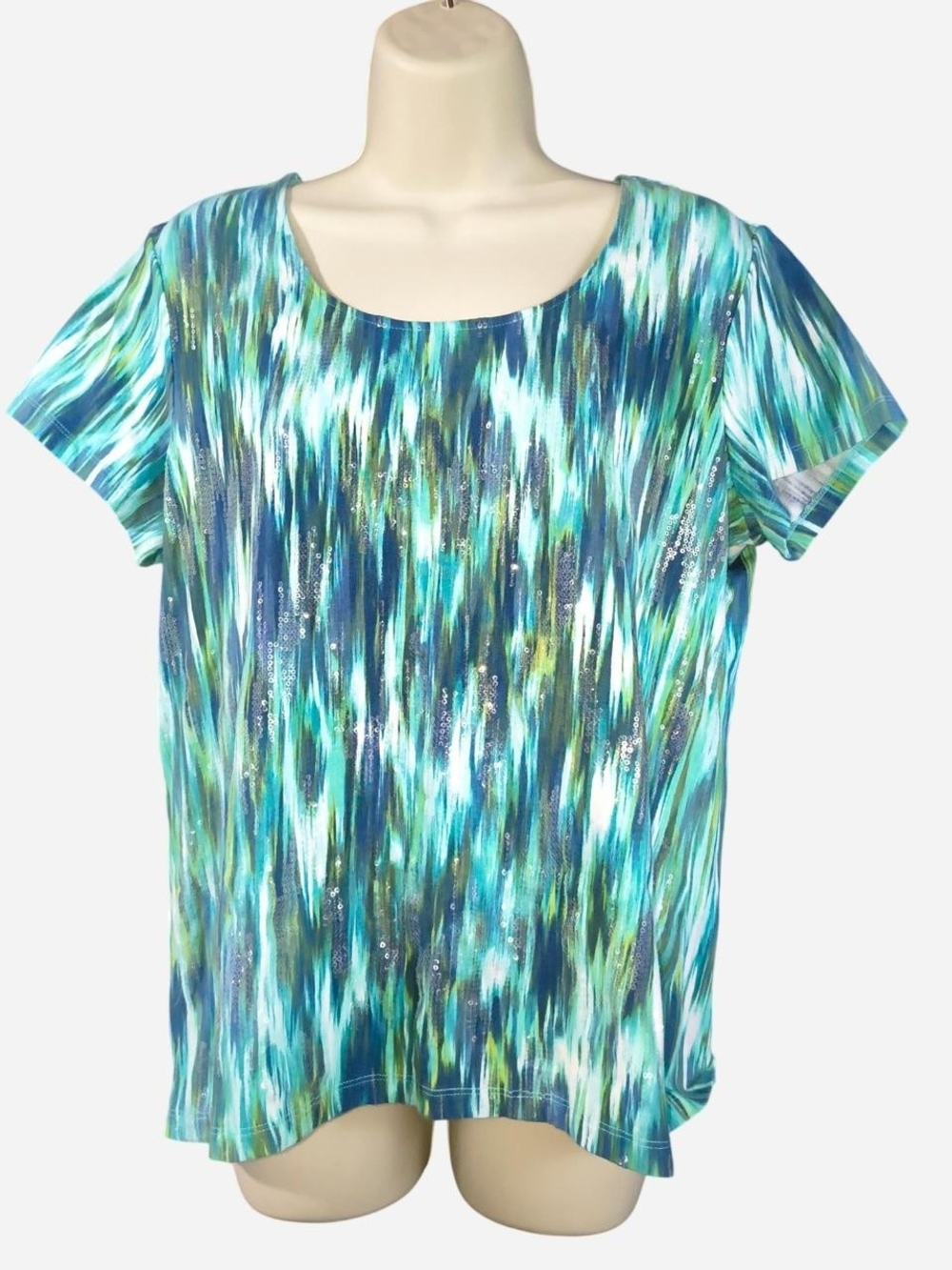 Chico's Multi-Teal Brushstroke Short Sleeve Scoop Neck Top
